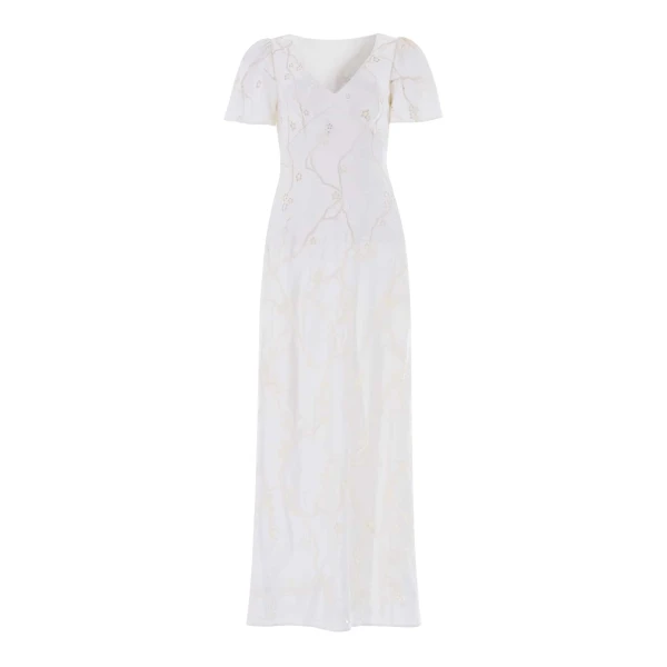 Needle and Thread Cherry Blossom Satin Short Sleeve Gown in Cream