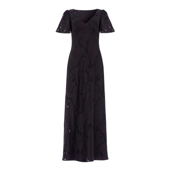 Needle and Thread Cherry Blossom Satin Short Sleeve Gown in Jet Black
