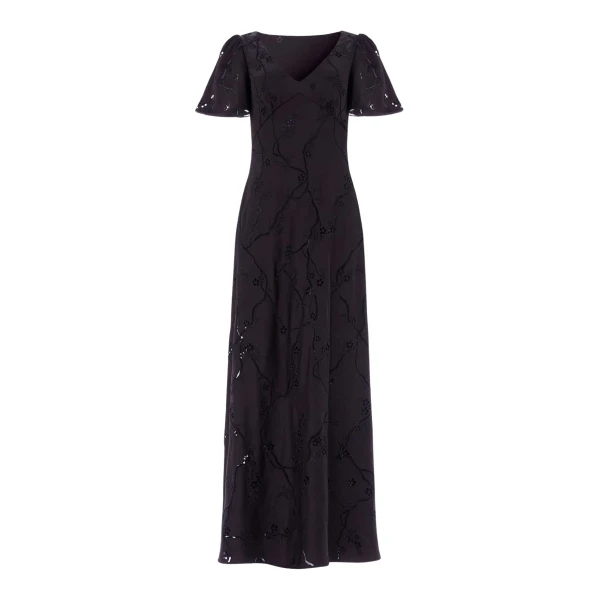 Needle and Thread Cherry Blossom Satin Short Sleeve Gown in Jet Black