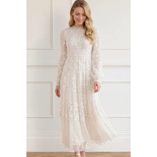 Needle and Thread Clover Long Sleeve Ankle Gown in Cream, view 2