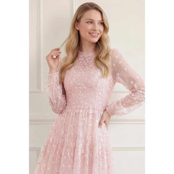 Needle and Thread Clover Long Sleeve Ankle Gown in Shell, view 3
