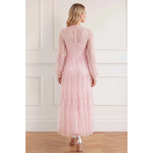 Needle and Thread Clover Long Sleeve Ankle Gown in Shell, view 5