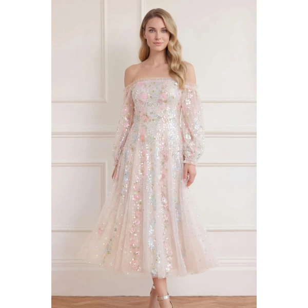 Needle and Thread Confetti Gloss Off-Shoulder Ballerina Dress in Cream/Bright, view 2