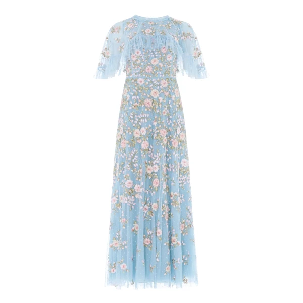 Needle and Thread Eden Rose Cape Ankle Gown in Aqua/Multi