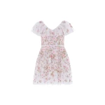 Needle and Thread Eden Rose V-Neck Micro Mini Dress in Swan White/Multi