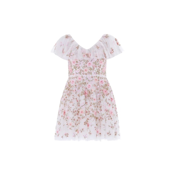 Needle and Thread Eden Rose V-Neck Micro Mini Dress in Swan White/Multi