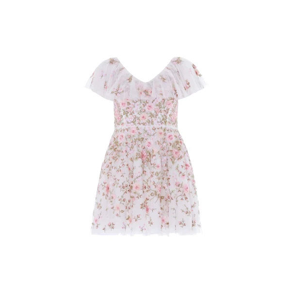 Needle and Thread Eden Rose V-Neck Micro Mini Dress in Swan White/Multi