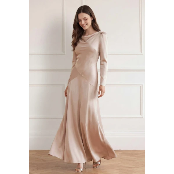 Needle and Thread Evangeline Satin Cowl Neck Long Sleeve Gown in Biscui, view 2