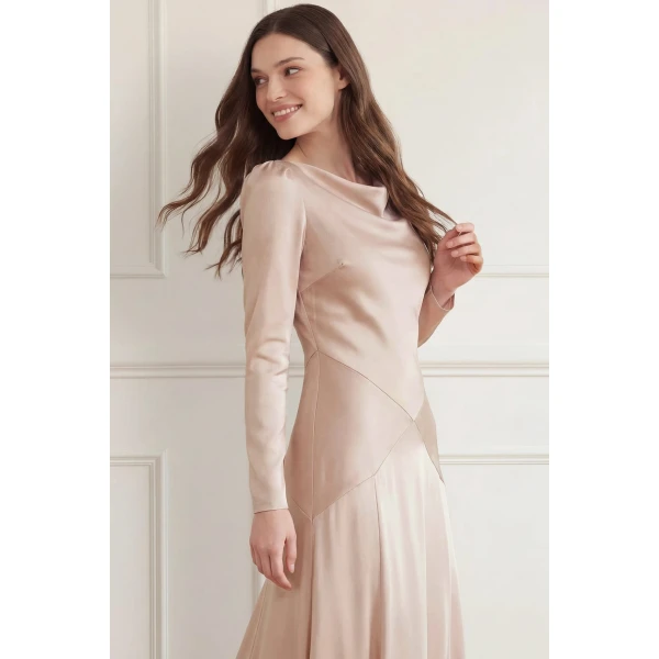 Needle and Thread Evangeline Satin Cowl Neck Long Sleeve Gown in Biscui, view 3