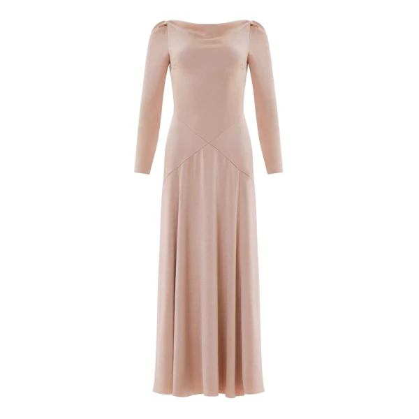 Needle and Thread Evangeline Satin Cowl Neck Long Sleeve Gown in Biscui