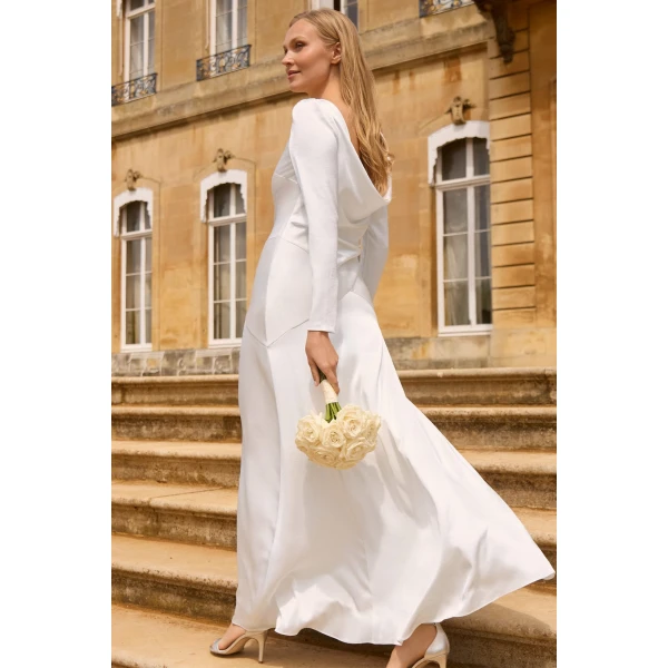 Needle and Thread Evangeline Satin Cowl Neck Long Sleeve Gown in Chalk, view 2