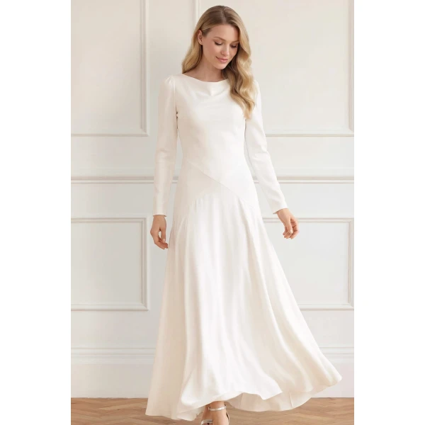 Needle and Thread Evangeline Satin Cowl Neck Long Sleeve Gown in Chalk, view 3