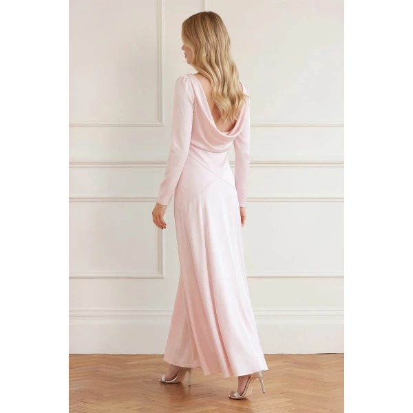 Needle and Thread Evangeline Satin Cowl Neck Long Sleeve Gown in Shell, view 5