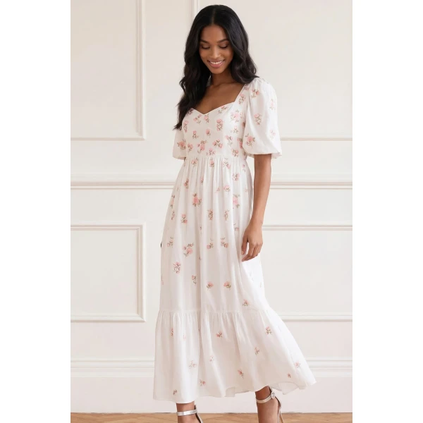 Needle and Thread Flora Ditsy Cotton Ankle Gown in Chalk, view 2