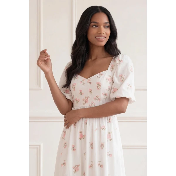 Needle and Thread Flora Ditsy Cotton Ankle Gown in Chalk, view 3