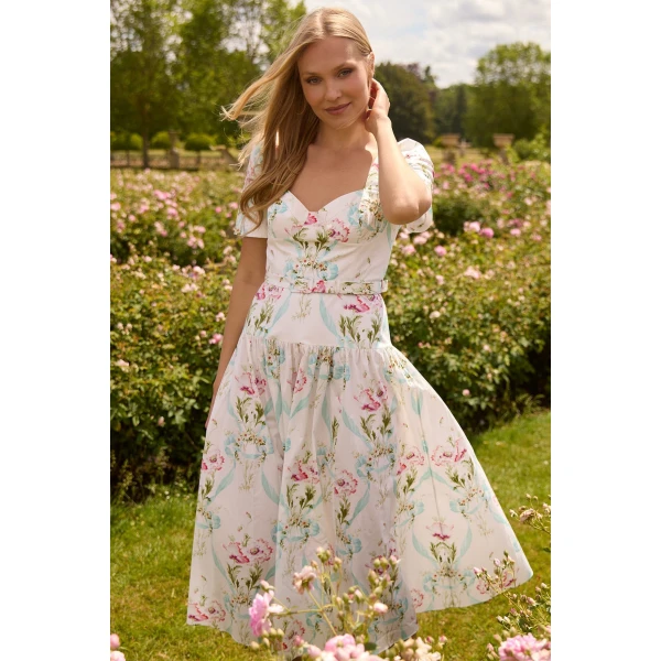 Needle and Thread Floral Ribbon Cotton Ballerina Dress in Optic White/Blue, view 2