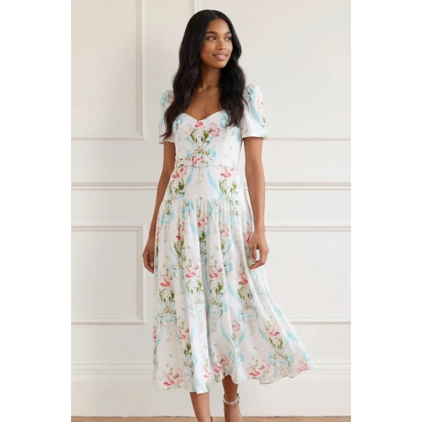 Needle and Thread Floral Ribbon Cotton Ballerina Dress in Optic White/Blue, view 4