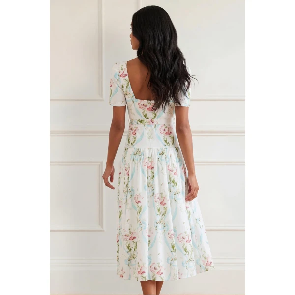 Needle and Thread Floral Ribbon Cotton Ballerina Dress in Optic White/Blue, view 6