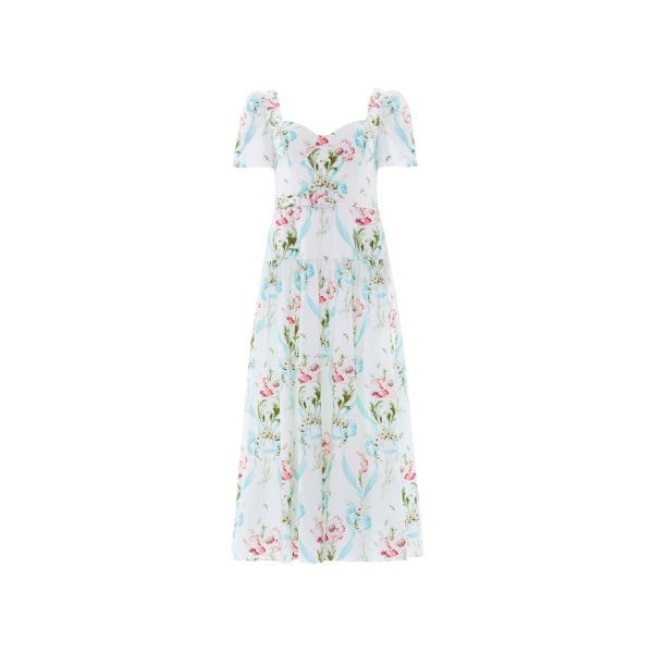 Needle and Thread Floral Ribbon Cotton Ballerina Dress in Optic White/Blue
