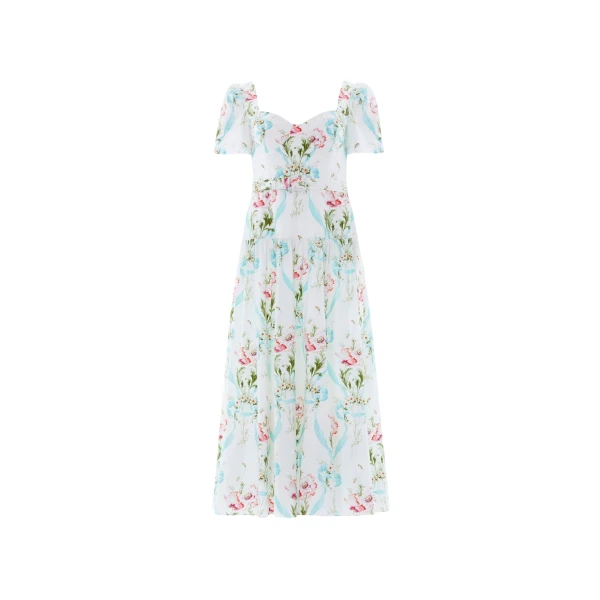Needle and Thread Floral Ribbon Cotton Ballerina Dress in Optic White/Blue