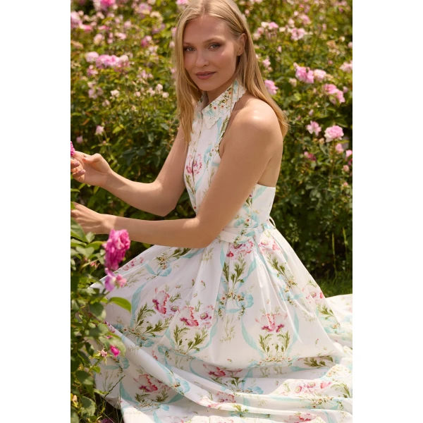 Needle and Thread Floral Ribbon Cotton Halter Ankle Gown in Optic White/Blue, view 2