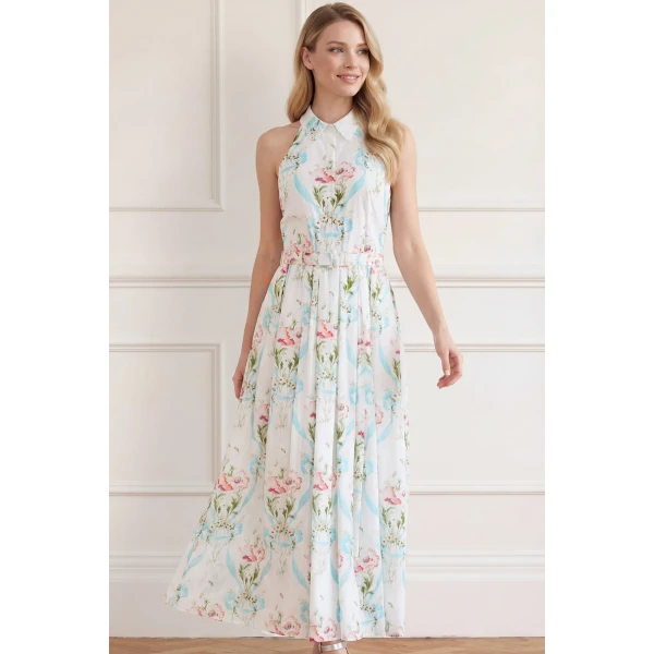 Needle and Thread Floral Ribbon Cotton Halter Ankle Gown in Optic White/Blue, view 3