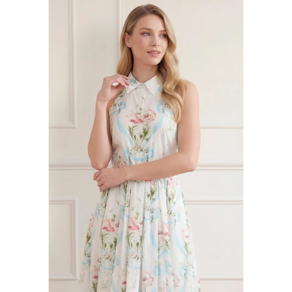 Needle and Thread Floral Ribbon Cotton Halter Ankle Gown in Optic White/Blue, view 4