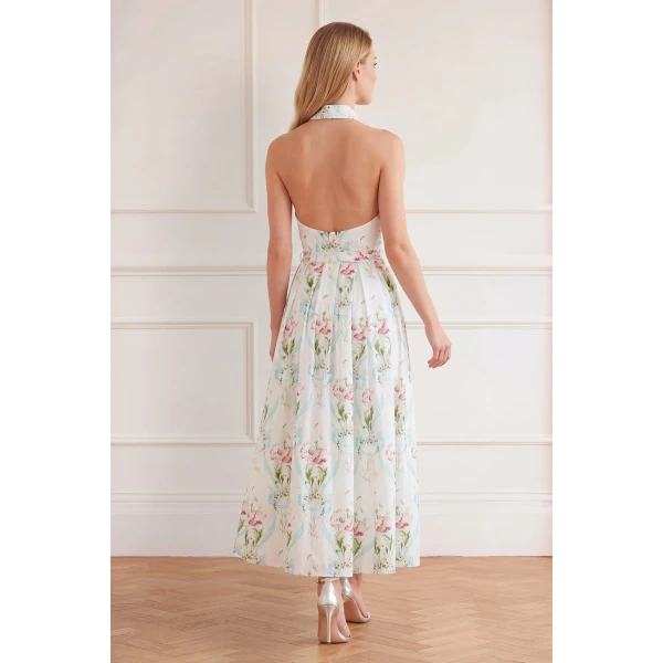 Needle and Thread Floral Ribbon Cotton Halter Ankle Gown in Optic White/Blue, view 6