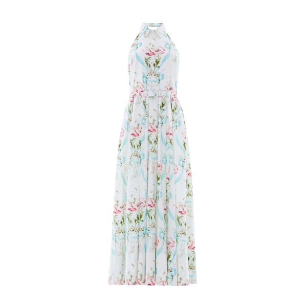 Needle and Thread Floral Ribbon Cotton Halter Ankle Gown in Optic White/Blue