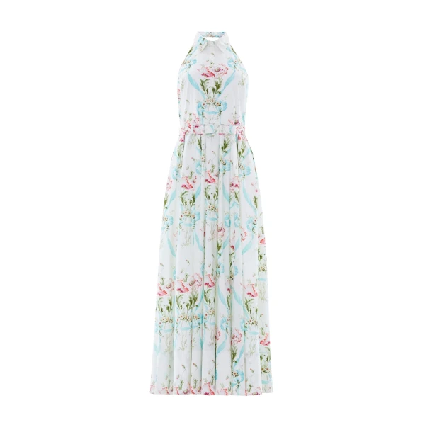 Needle and Thread Floral Ribbon Cotton Halter Ankle Gown in Optic White/Blue