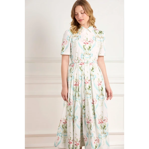 Needle and Thread Floral Ribbon Cotton Short Sleeve Ballerina Dress in Optic White/Blue, view 2