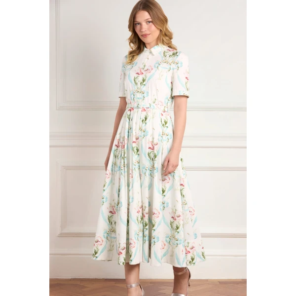 Needle and Thread Floral Ribbon Cotton Short Sleeve Ballerina Dress in Optic White/Blue, view 3