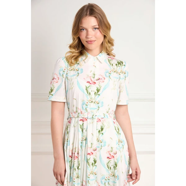 Needle and Thread Floral Ribbon Cotton Short Sleeve Ballerina Dress in Optic White/Blue, view 4