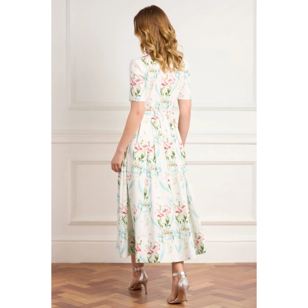 Needle and Thread Floral Ribbon Cotton Short Sleeve Ballerina Dress in Optic White/Blue, view 5