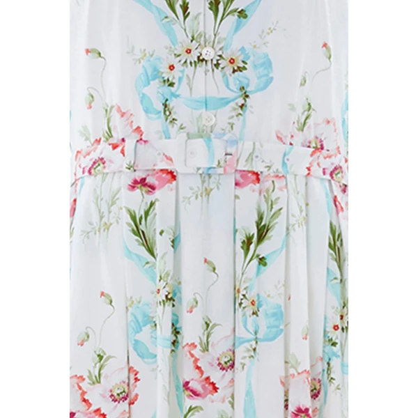 Needle and Thread Floral Ribbon Cotton Short Sleeve Ballerina Dress in Optic White/Blue, view 6