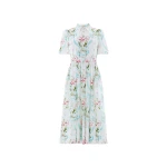 Needle and Thread Floral Ribbon Cotton Short Sleeve Ballerina Dress in Optic White/Blue