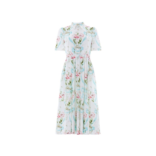Needle and Thread Floral Ribbon Cotton Short Sleeve Ballerina Dress in Optic White/Blue