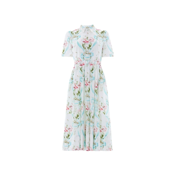 Needle and Thread Floral Ribbon Cotton Short Sleeve Ballerina Dress in Optic White/Blue