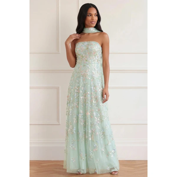 Needle and Thread Forget-Me-Not Strapless Gown in Sea Mist/Multi, view 3