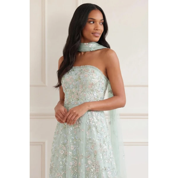 Needle and Thread Forget-Me-Not Strapless Gown in Sea Mist/Multi, view 4