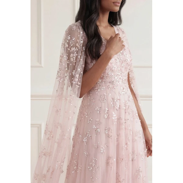 Needle and Thread Freesia Shimmer Cape Sleeve Ankle Gown in Opal, view 3