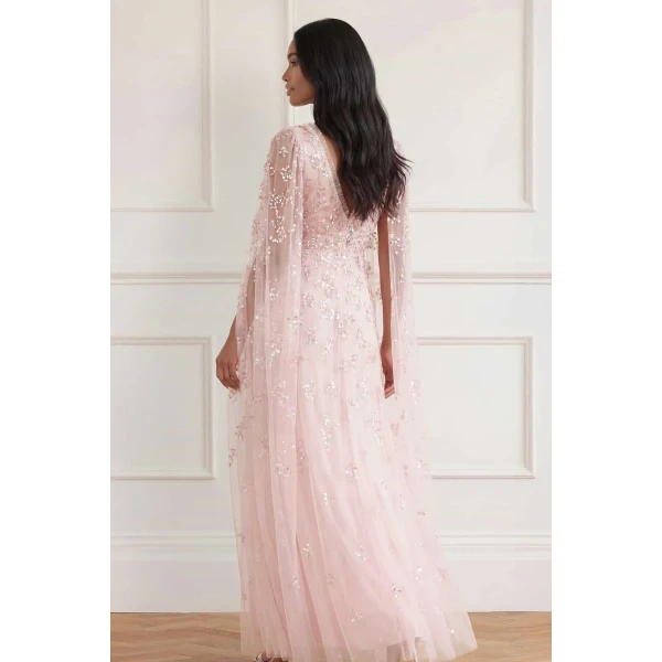 Needle and Thread Freesia Shimmer Cape Sleeve Ankle Gown in Opal, view 4