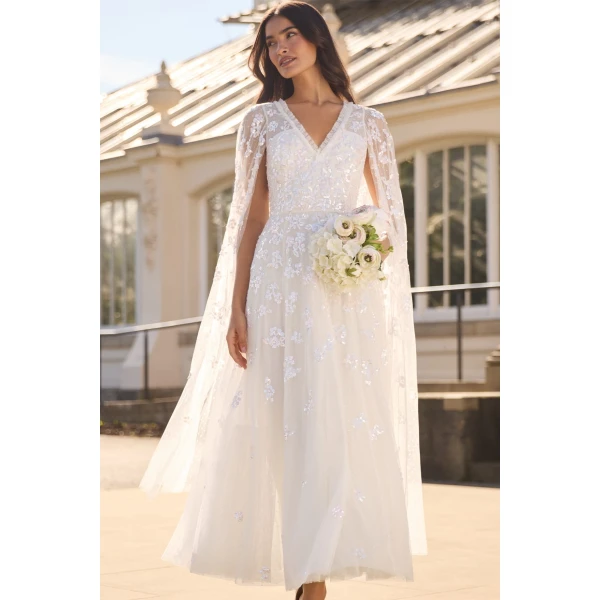 Needle and Thread Freesia Shimmer Cape Sleeve Ankle Gown in Swan White/Pink, view 2