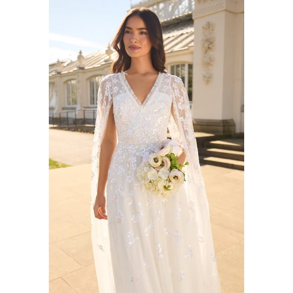 Needle and Thread Freesia Shimmer Cape Sleeve Ankle Gown in Swan White/Pink, view 4