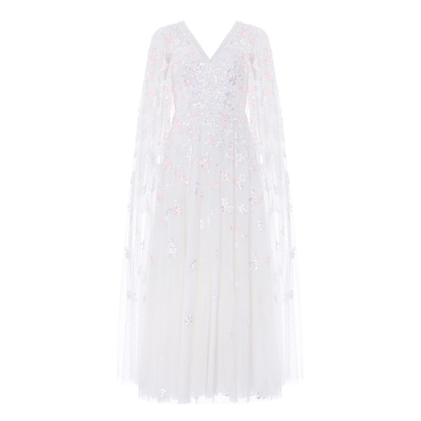 Needle and Thread Freesia Shimmer Cape Sleeve Ankle Gown in Swan White/Pink