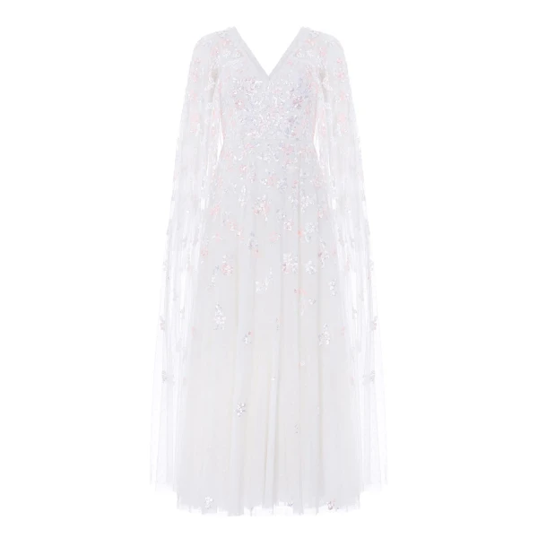 Needle and Thread Freesia Shimmer Cape Sleeve Ankle Gown in Swan White/Pink