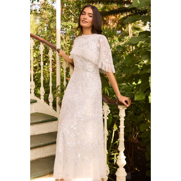 Needle and Thread Freya Cape Ankle Gown in Swan White, view 2