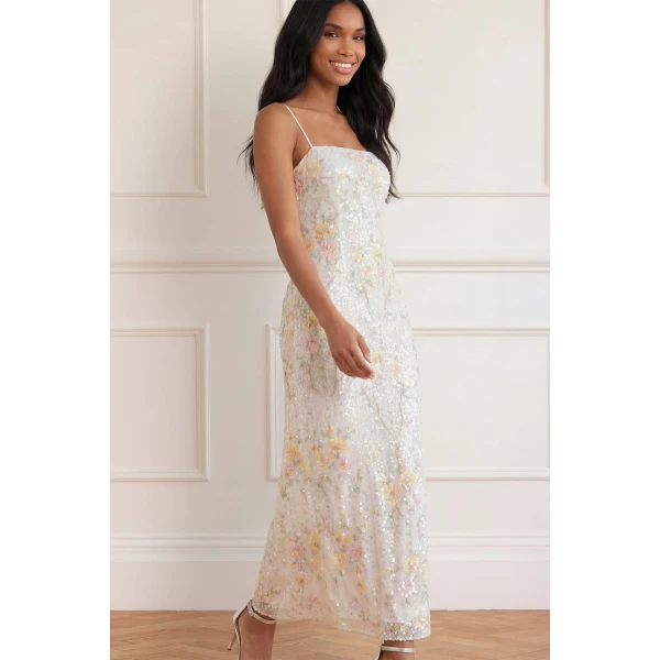 Needle and Thread Garden Rose Dot Cami Ankle Gown in Swan White/Pastel, view 3