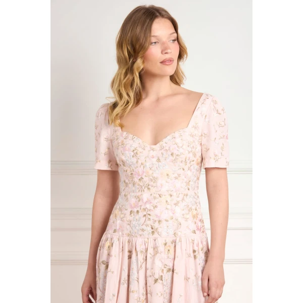 Needle and Thread Garden Rose Linen Blend Ballerina Dress in Shell/Pastel Blue, view 4