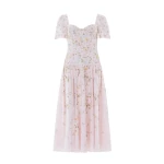 Needle and Thread Garden Rose Linen Blend Ballerina Dress in Shell/Pastel Blue